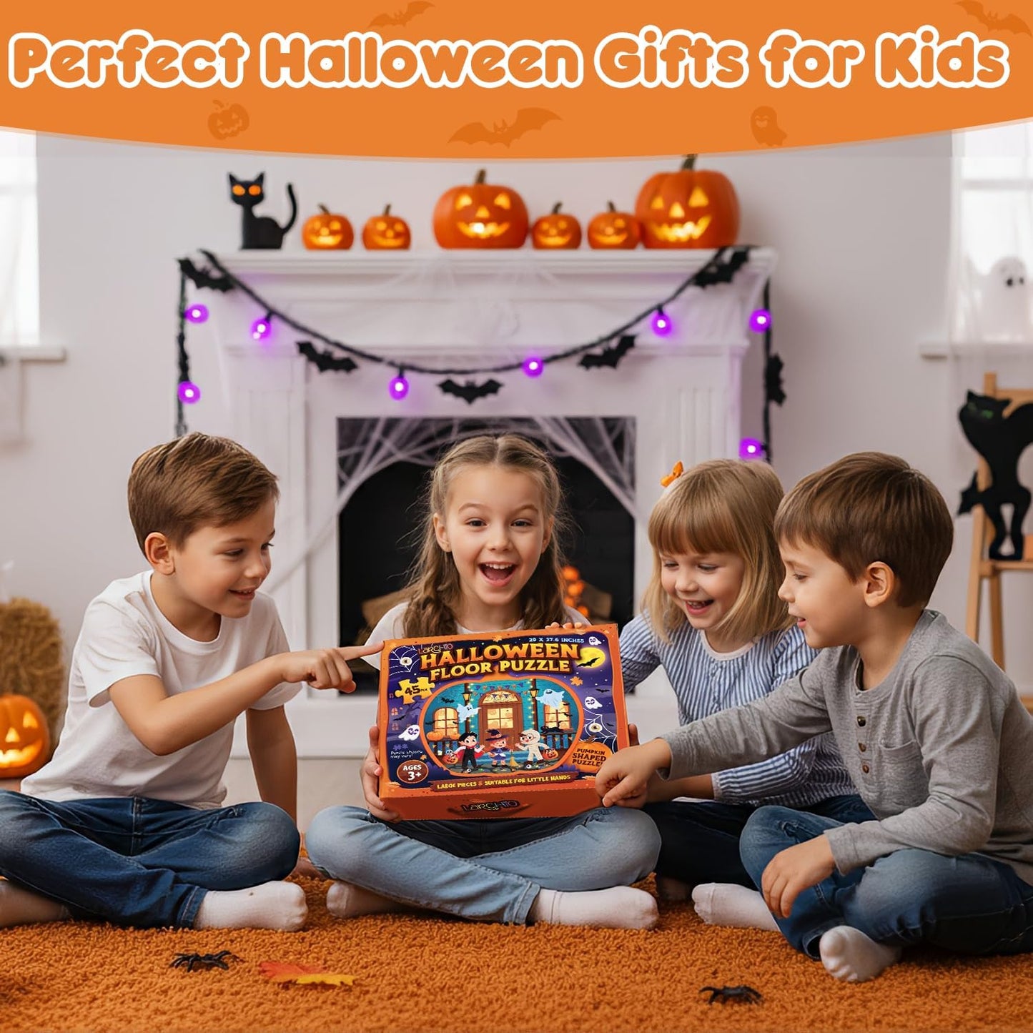 45 Pcs Halloween Floor Puzzle for Kids Age 4-8, Jumbo Pumpkin Jigsaw Puzzles Halloween Boo Basket Gifts Stuffers for Kids Girls Boys