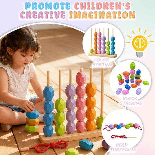 Wooden Bead Sequencing & Color Matching Toy, 4-in-1 Montessori Learning Toy for Toddlers 3+ Years - Stringing, Stacking, Sorting & Column Play, Educational Gift Set for Boys & Girls