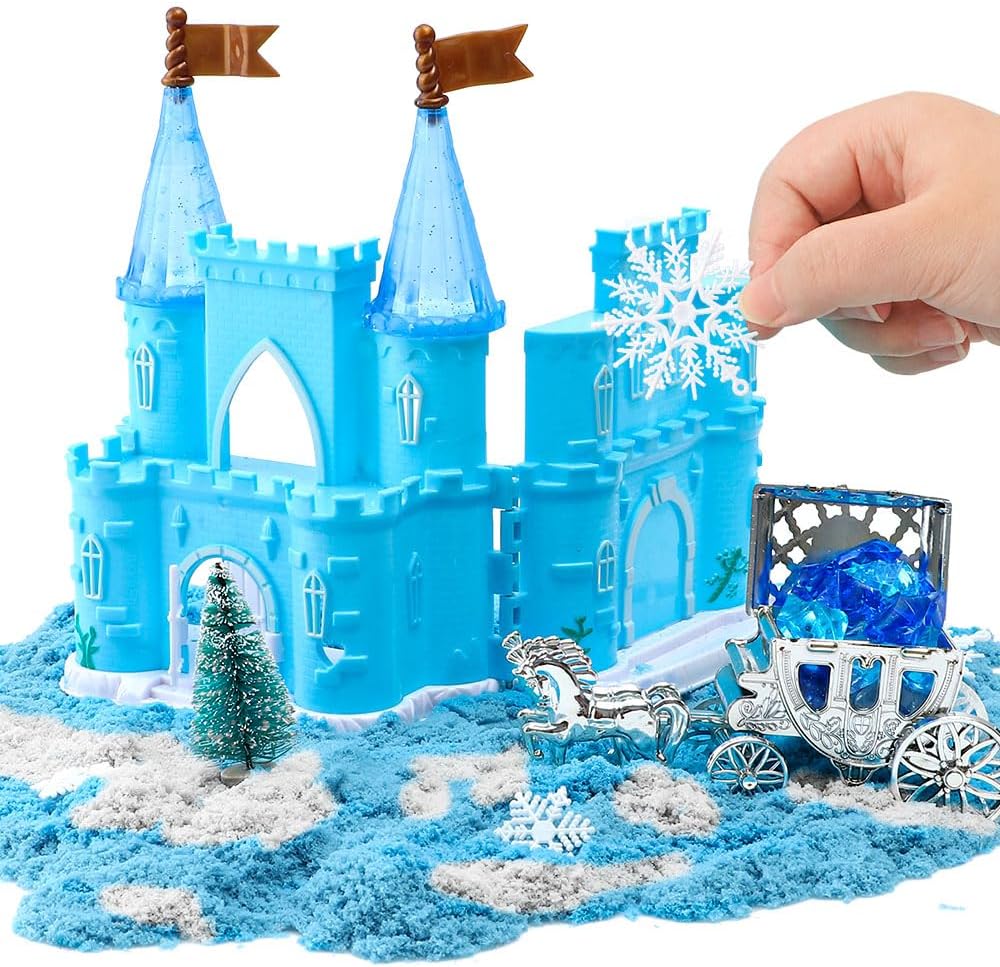 G.C Sensory Bin for Girl Kid Toy, Play Sand Art Kit with Sandbox/2lb Sand/Castle/Molds/Princess Figure, Winter Sensory Toy Christmas Birthday Gift for Girl Toddler Ages 3 4 5 6 7 8