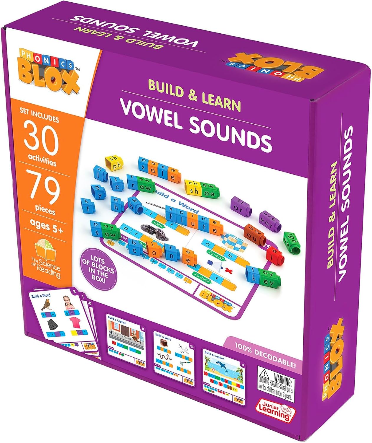 Junior Learning: Rainbow Phonics Blox: Vowel Sounds - Phase 5 - Build & Learn, 30 Activity Cards, Color Coded Blocks, Reading Development, Kids 5+