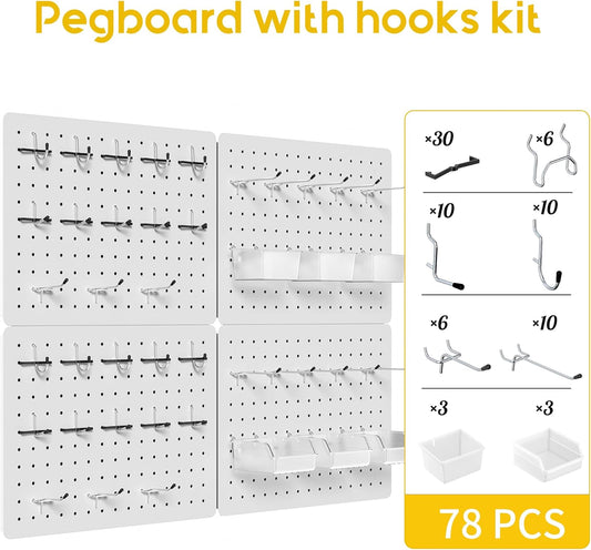 Peg Board for Tools, 4 Pack Metal Pegboard Wall Organizer with Hooks,16"×12" White Pegboard Panels for Walls Home, Garage Tool Storage, Kitchen, Office Organization, Craft Room