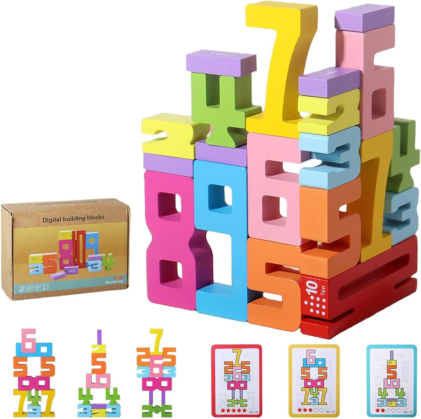 20PCS Wooden Number Building Blocks, Number Blocks Friends of Ten, Friends of Ten Blocks, 1-10 Balance Wooden Digital Building Blocks(20 Blocks & 15 Cards)