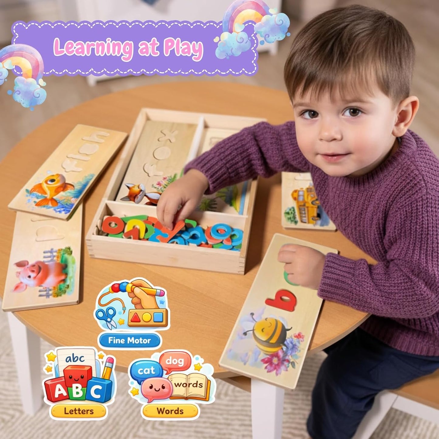 See and Spell Learning Toy – Wooden Spelling Puzzle Game for Kids Ages 3 4 5 6, CVC Word Builder, Educational Spelling Toys & Phonics Puzzle for Early Reading & Letter Recognition