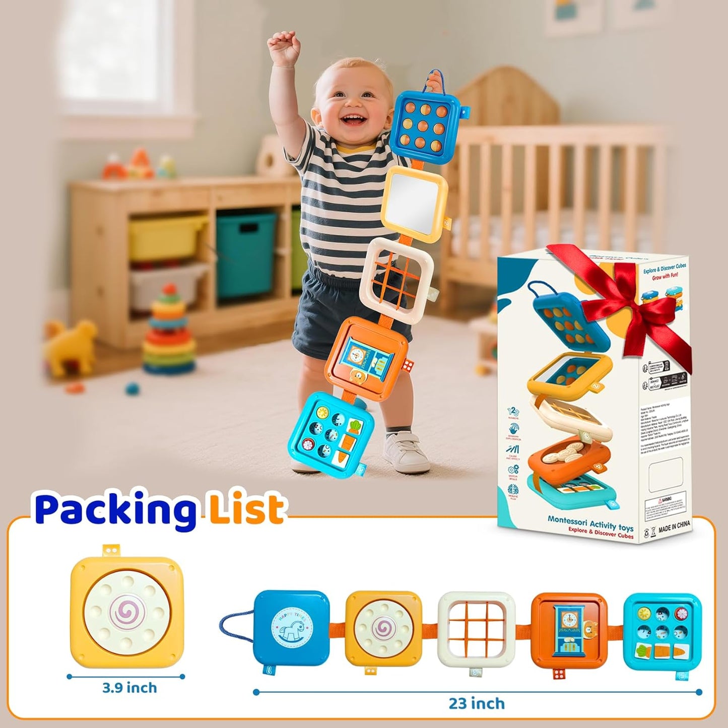 Montessori Busy Board for 1 Year Old, Airplane Toys for Babies 6-12 Months, Sensory Fine Motor Skills Activity Cube, Baby Travel Car Seat Toys for Toddler 1-3