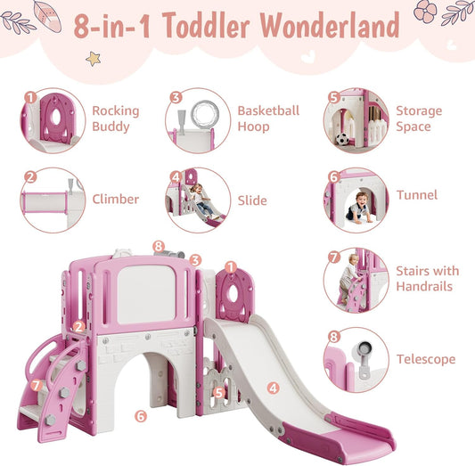 Garvee 8-in-1 Toddler Slide Indoor & Outdoor Playground Playset for Kids-Includes Climber, Basketball Hoop, Telescope, Tunnel, and Storage Space for Backyard & Courtyard Fun