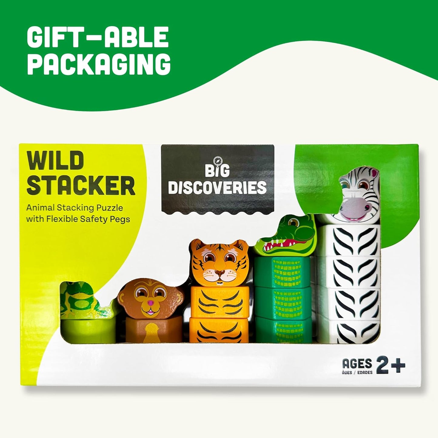 Big Discoveries Stacker - Animal Block Stacking Puzzle for Ages 2 and Up | Durable Wooden Geometry Shape Toy with Flexible Safety Pegs and Pegboard - Montessori Stack Toy for Toddlers (Farm Stacker)