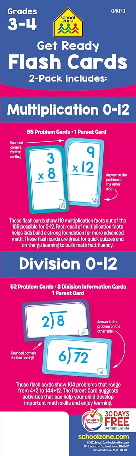 School Zone Get Ready Flash Cards Multiplication & Division 2-Pack: 112 Math Cards, 3rd & 4th Grade, 0-12, Improve Speed & Retention, Ages 8+