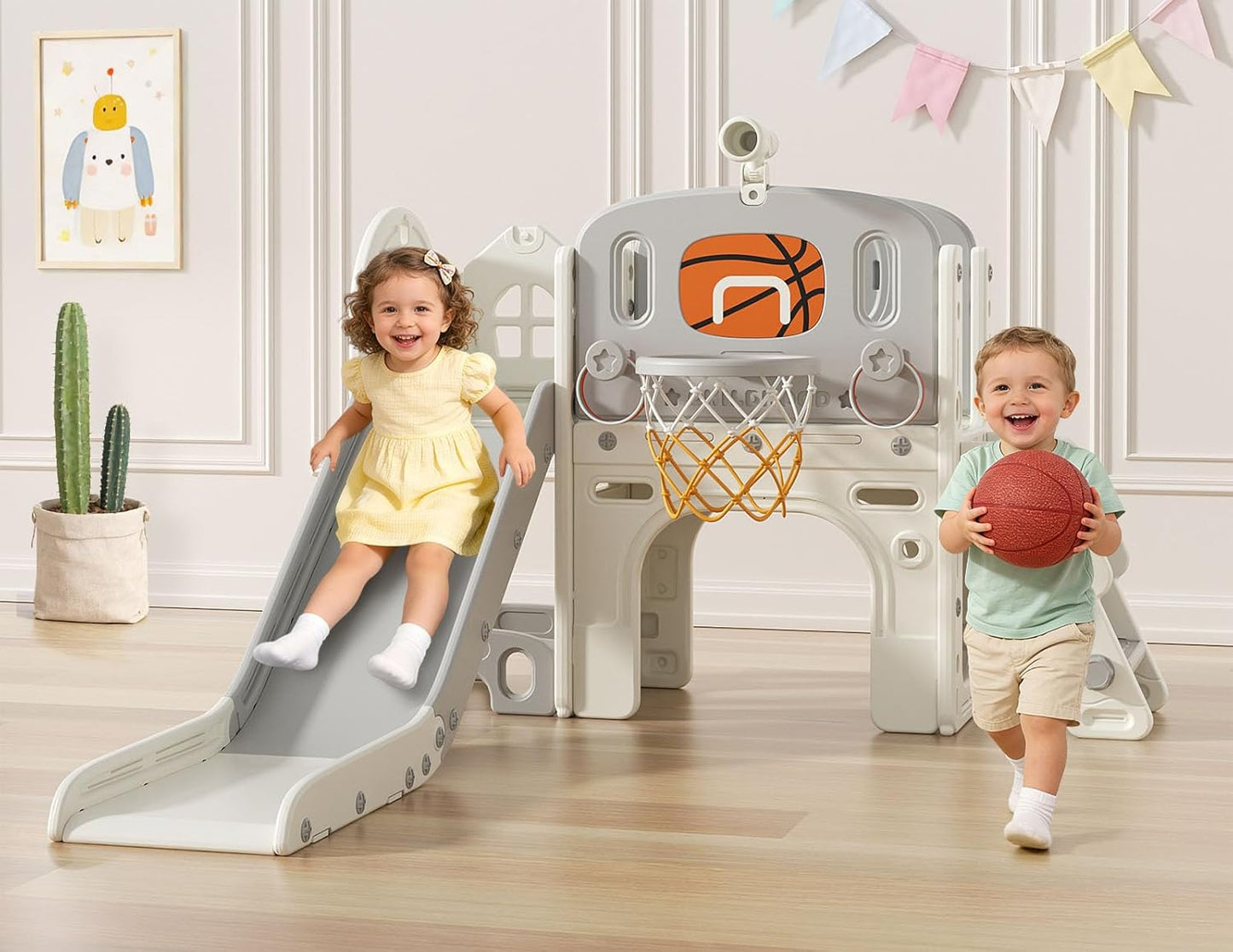 BIERUM 9 in 1 Toddler Slide, Kid Slide for Toddlers Age 1-3 with Ring Toss, Basketball Hoop, and Telescope, Indoor Outdoor Playset Playground Beige Gray