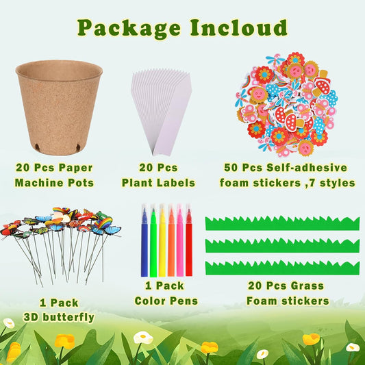 Aweyka Garden Paper Pot Craft Kit 20 Pack Flower Plant Spring Craft with 50pcs Adhesive Foam Stickers 20pcs Paper Mache Pots Label Pen Flower Planting Growing Kit Science for Mother Day