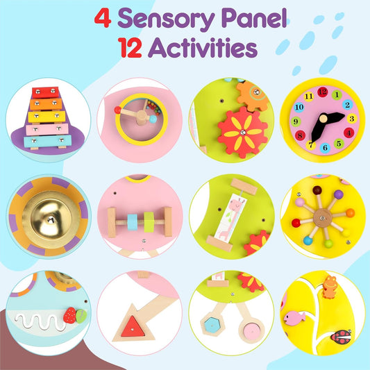 Rainbow Wall Busy Board for Kids: Wooden Montessori Activity Panel | 13-in-1 Sensory Learning Toys for Fine Motor Skills - Playroom & Nursery Essentials for Toddlers