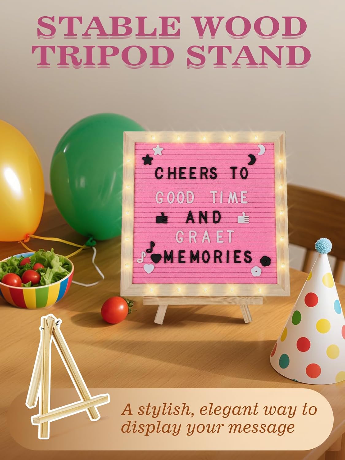 Changeable Felt Letter Board with LED Lights - 10×10" Message Custom Signs & Wood Stand & 450 Letters, Poster Board for Baby/Pregnancy Announcement/Classroom Wall Graduation Decor Gifts, Camel