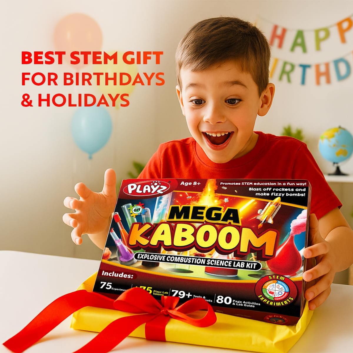 Playz Kaboom! 50+ Explosive Science Experiments Kit for Kids Age 8-12 with 25 Playz Lab Token Experiments - Chemistry Set STEM Learning & Educational Toys & Gifts for Boys, Girls, Teenagers & Kids