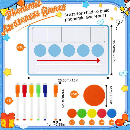 Nezyo 10 Pcs Phonemic Awareness Games Dry Erase Board Phonics Games with Magnetic Button and Pen Educational Gift for Kindergarten Classroom Kids Letter Sound Science Reading (Blue)