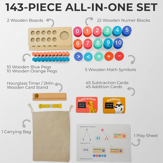 Wooden Sorting and Stacking Toy for Toddlers - 143-Piece Montessori Inspired Counting Game - ASTM F963-23 Certified Screen-Free Play Set for Home Learning Gift for Kids Boys Girls 3-5 Five Ten Frame