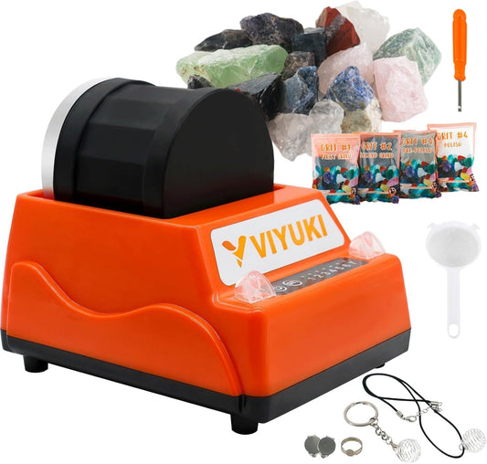 Professional Rock Tumbler Kit - Double Drum 6LB Rock Polisher(Double Barrel), Includes Rough Gemstones, 8 Polishing Grits, Jewelry, Learning Guide, Ideal Gift for Adults & Collectors