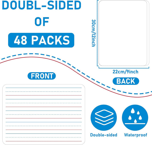 48pcs Double Sided Cardboard Lined Dry Erase Whiteboard Ruled Writing Paper Cardboard Handwriting Practice for Student Teacher Learning Tool Mini Portable Drawing Learning 12" x 9"