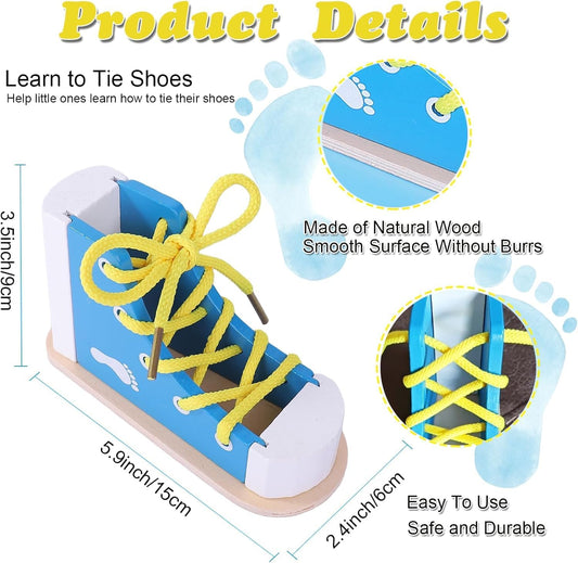 Learn to Tie Shoes,2Pcs Wooden Lacing Shoe Tying Safe & Reusable How to Tie Shoes Shoelaces Tying Practice Shoe Laces Learning Tool