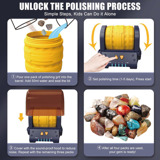 Fistone Rock Tumbler Kit - Noise-Reducing Rock Polisher for Kids & Adults | 5-Day Timer | Great STEM Gift for Young Rock Collectors & Geology Enthusiasts