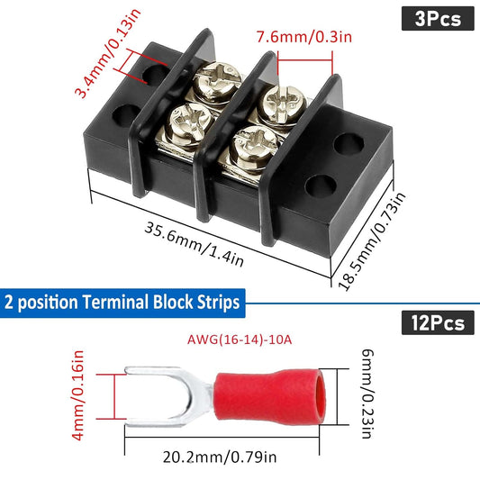 3sets 10 Position Terminal Strips, Dual Screw Terminals Block Strip with 16-14AWG Insulated Fork Wire Connectors for Electrical Wiring