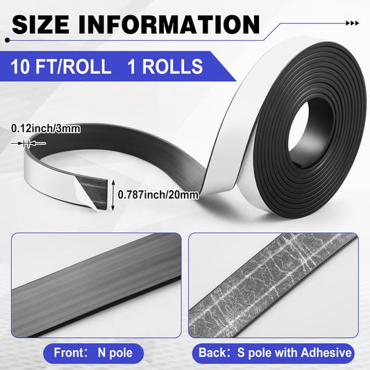Sabary 2 Roll Monopolar Magnetic Tape 10 feet x 0.8 Wide x 0.12 Thick with Strong Adhesive Backing Anisotropic Flexible Magnetic Strip for Maglev Train Science Project