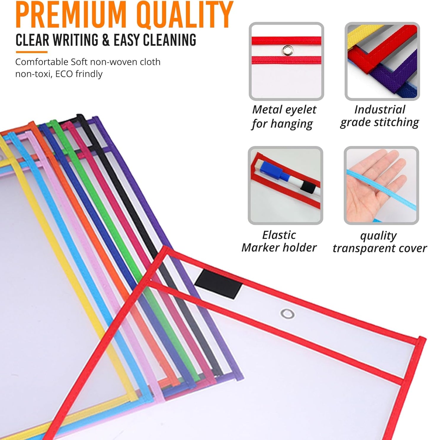 Dry Erase Pockets - 10 x 13 Reusable Dry Erase Pocket Sleeves for Work & School Worksheets - Heavy Duty Clear Pocket Sleeves - Quickly Wipe to a Flawless Clean (50 Pack Multicolor)