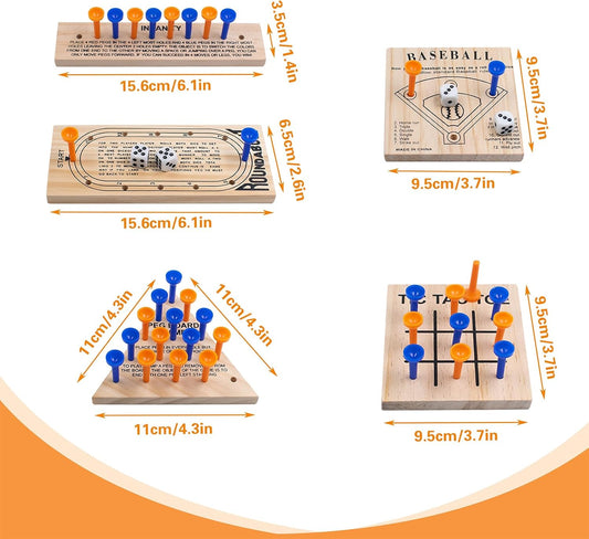5 PCS Wooden Peg Games Assortment Kit, Strategy Board Table Game Set in 5 Style Including Baseball, Tic-Tac-Toe, Insanity, Peg-Board-Game, Roundabout