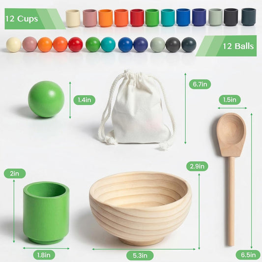 Rainbow Balls in Cups Toddler Montessori Toys for 3 Year Old Up, Kids Preschool Wooden Matching Games for Learning Color Sorting and Counting