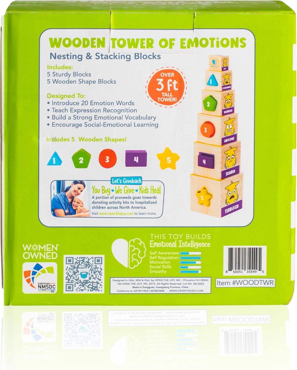 Open The Joy Wooden Tower of Emotions – Stacking Emotional Learning Toy for Toddlers | 5 Emotion Face Blocks + 5 Shape Sorting Blocks | Montessori Toy for Early Development | Ages 12 Months+