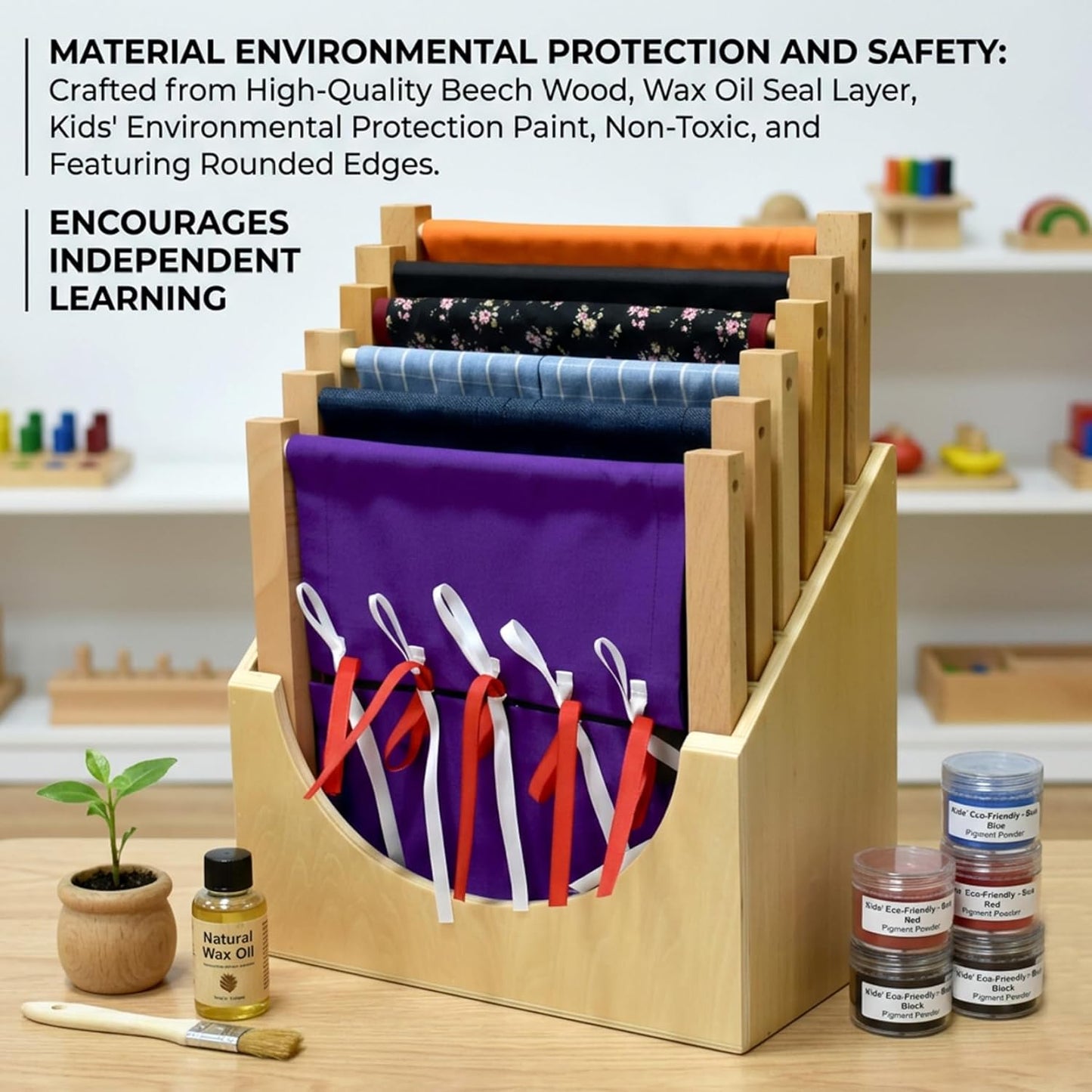 Wooden Dressing Board Stand Ideal for 6 Frames Montessori Toy Organizer Beechwood Clothing Frame Holder Ideal for Toddler Learning Storage