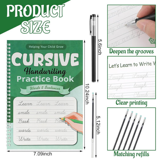 Gilprop Grooved Cursive Handwriting Workbook Reusable Handwriting Practice Copybooks with Special Ink Cursive Writing Practice Book for Kids Beginners Learning Activities(Words and Sentences)