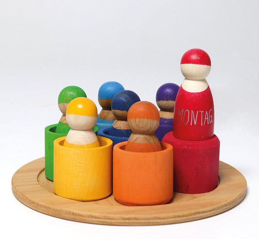 Grimm's Seven Friends in 7 Bowls: Set of Wooden Sorting & Matching Rainbow Peg Dolls with Little Cups and Tray