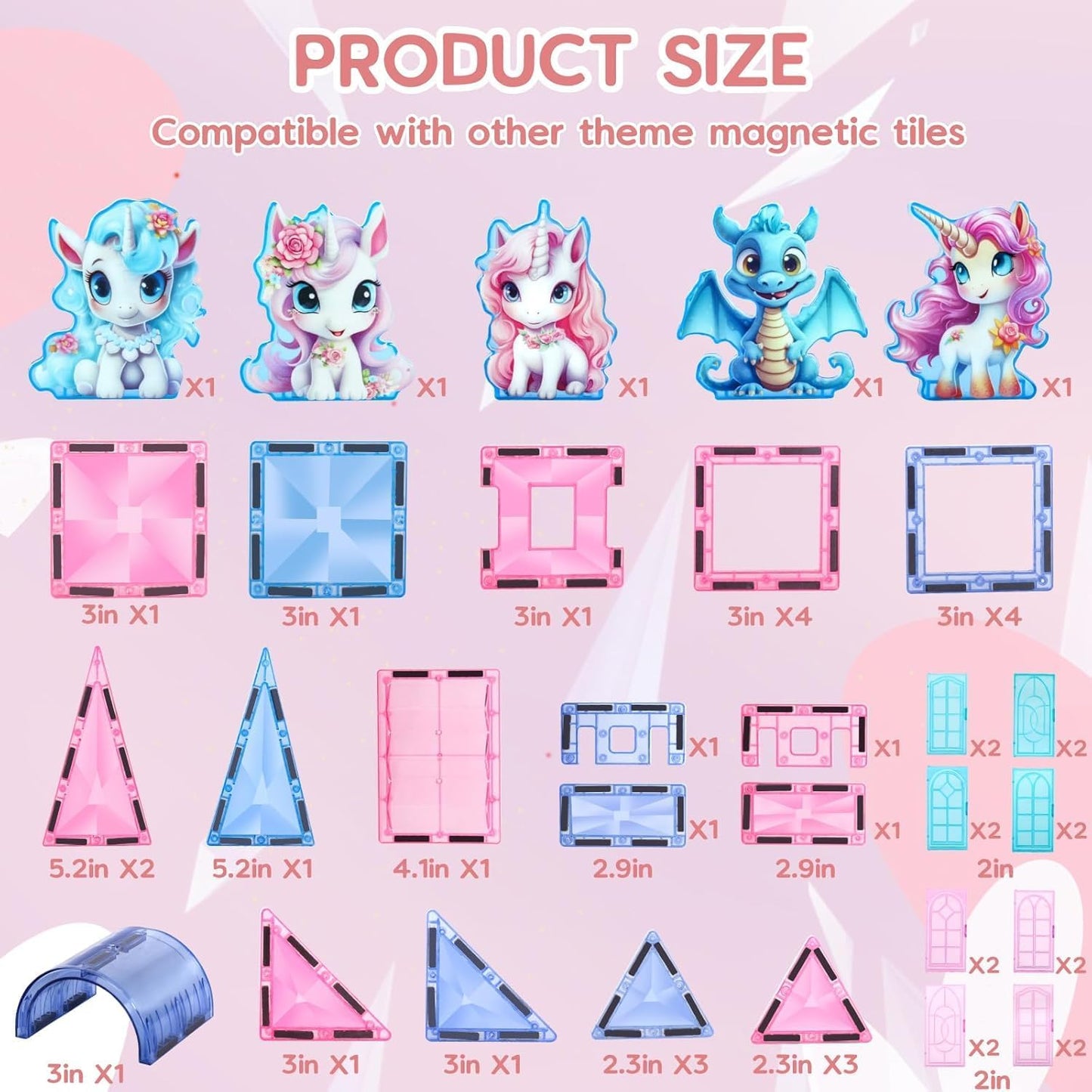 Unicorn Magnetic Tiles 49pcs – Magical Unicorn Toys for Girls Aged 4-8, Magnetic Building Blocks, STEM Construction Toy with 4 Unicorn Dolls and Dragon, Diamond 3D Educational Gift for Girls & Boys