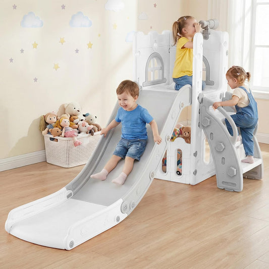 OLAKIDS Toddler Slide and Swing Set, 7 in 1 Kids Indoor Outdoor Playground with Climber Basketball Hoop Telescope Toy Storage for Boys Girls Aged 1+ (Grey)
