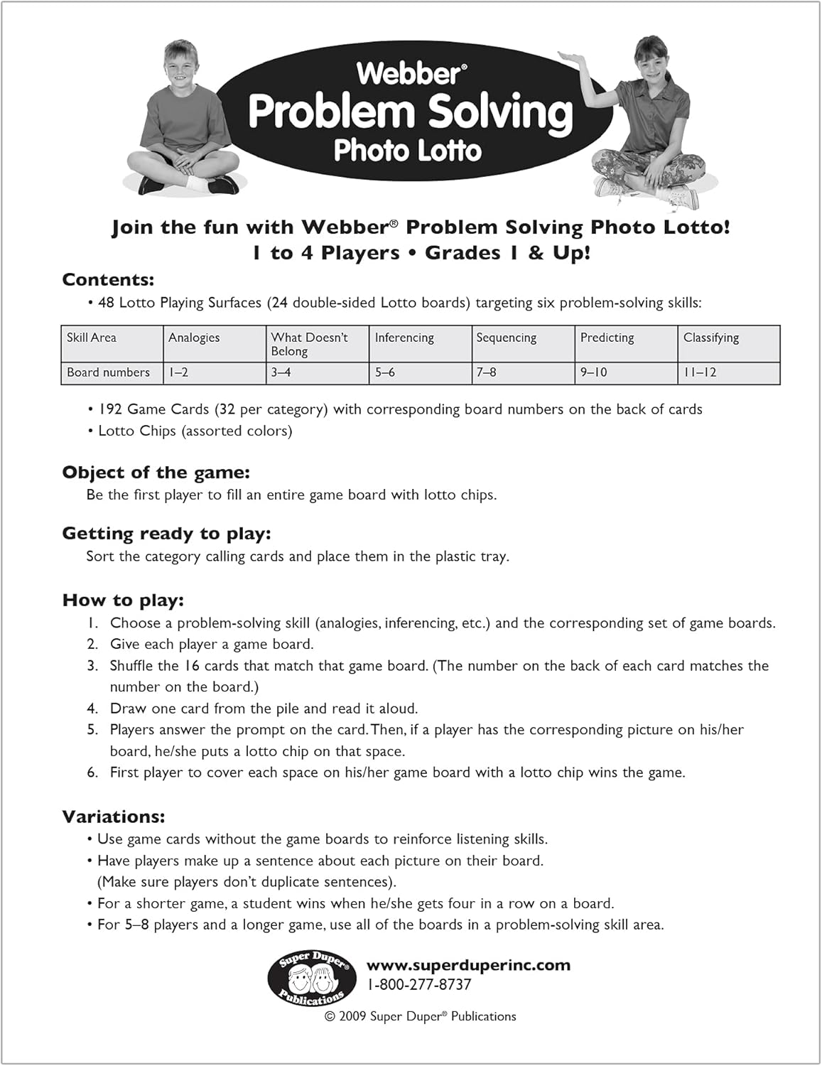 Super Duper Publications | Webber® Problem Solving Bingo, Inferencing, Sequencing, Analogies, Classifying, Predicting, and What Doesn't Belong Cards | Educational Resource for Children