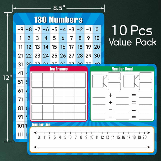 10 Pack Dry Erase Number Line Board Card, 9" x 12" Double Sided 130 Number Chart Math Manipulatives Game Chart, Teacher Classroom Must Haves Dry Erase Whiteboard Home Classroom Supplies