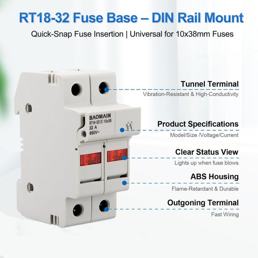 Baomain RT18-32 Fuse Holder Base with 10x20A Ceramic Fuses (10x38mm) – 2 Pole DIN Rail Mount, LED Indicator, CE Certified (20 Amp)