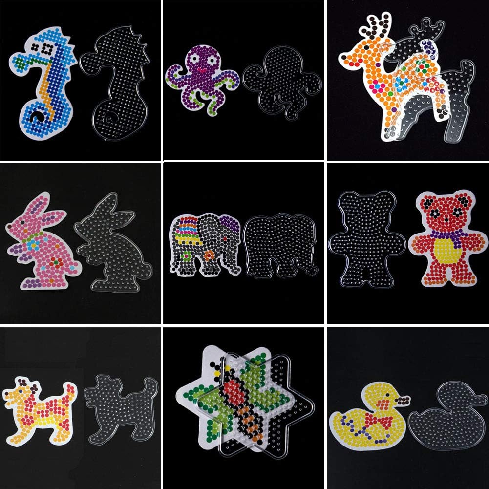 15 PCS 5mm Fuse Beads Boards, Clear Plastic Fuse Beads Pegboards with 15 Colorful Cards, 4 Tweezers and 15 Hang Ropes, Fuse Beads Boards Shapes and Templates for Kids DIY Craft Beads