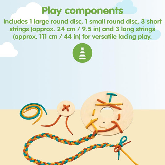 PlanToys® Lacing Boards | Wooden Lacing Toy for Toddlers 12M+ | Develops Fine Motor Skills, Hand-Eye Coordination & Problem-Solving | Includes 2 Discs & 7 Strings for Interactive Play