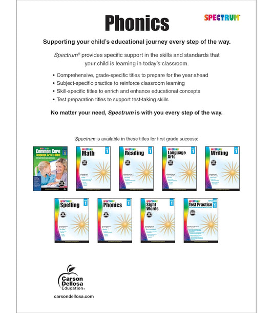 Spectrum 1st Grade Phonics Workbooks, Vowel, Consonant, and Ending Sounds and Pairs, Letters, Words, and Sentence Writing Practice, Classroom or Homeschool Curriculum