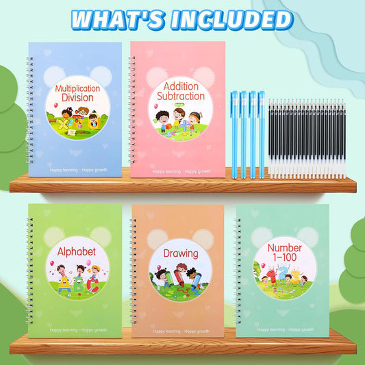 Grooved Magic Practice Copybook, Reusable Writing Practice Book, for Preschool Kids Age 3-8 Calligraphy (5 Books with 40 Pens) (Colorful)