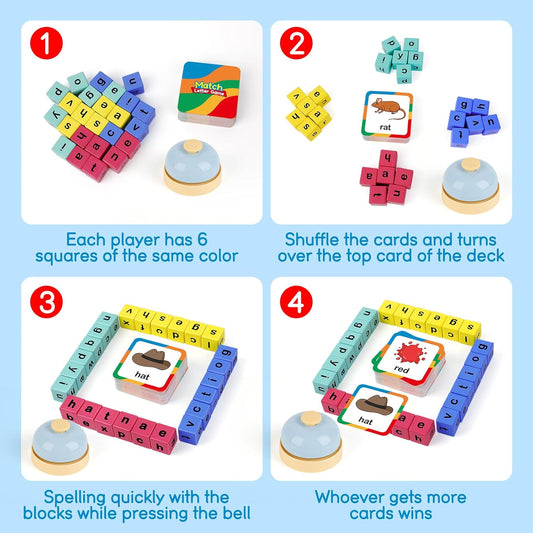 Edulok Word Race Cube - Preschool Wooden Alphabet Letter Blocks & Phonics Matching Games - CVC Word Learning Toys