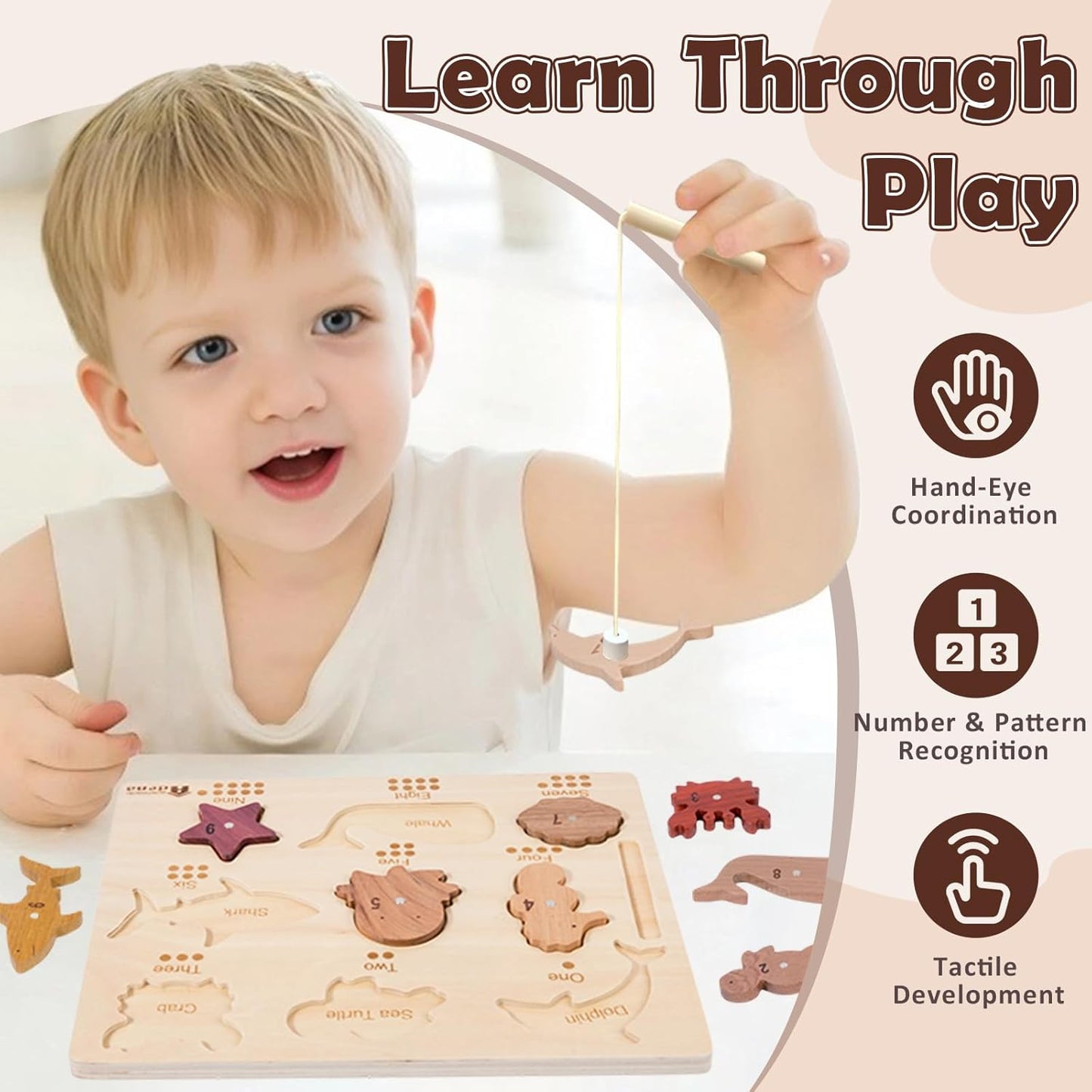 Adena Montessori Natural Wood Wooden Toy Magnetic Fishing Game, Wooden peg Puzzle 2 in 1 for Toddlers, Wooden Puzzle for 2-3 Years Old, Puzzle with Digital Ocean Animal Advanced Toys for 2 Year Old