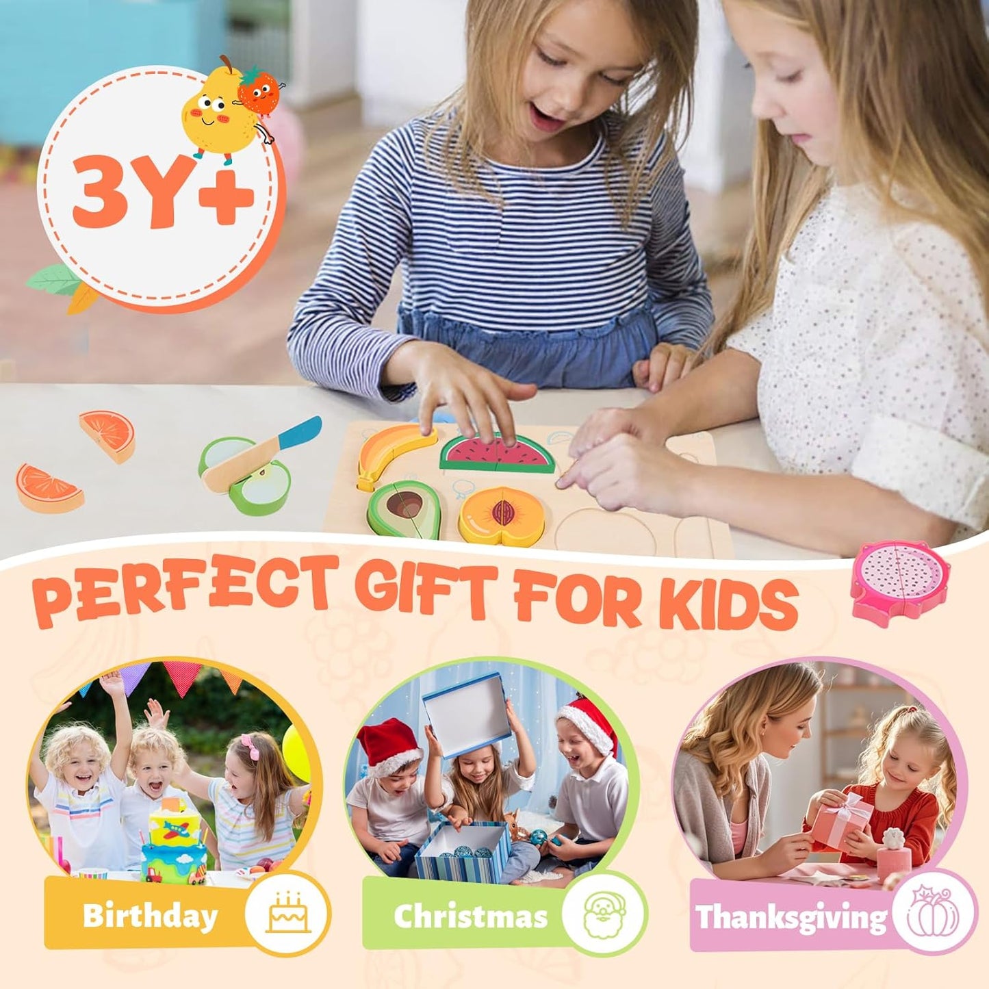 Wooden Cutting Fruit Puzzles for Kids 3 4 5 Years,Wooden Peg Puzzles for Play Food-Cutting Fruits for Toddlers 2-4 Years,Pretend Play Kitchen Accessory,Montessori Educational Toys Gift for Boys Girls