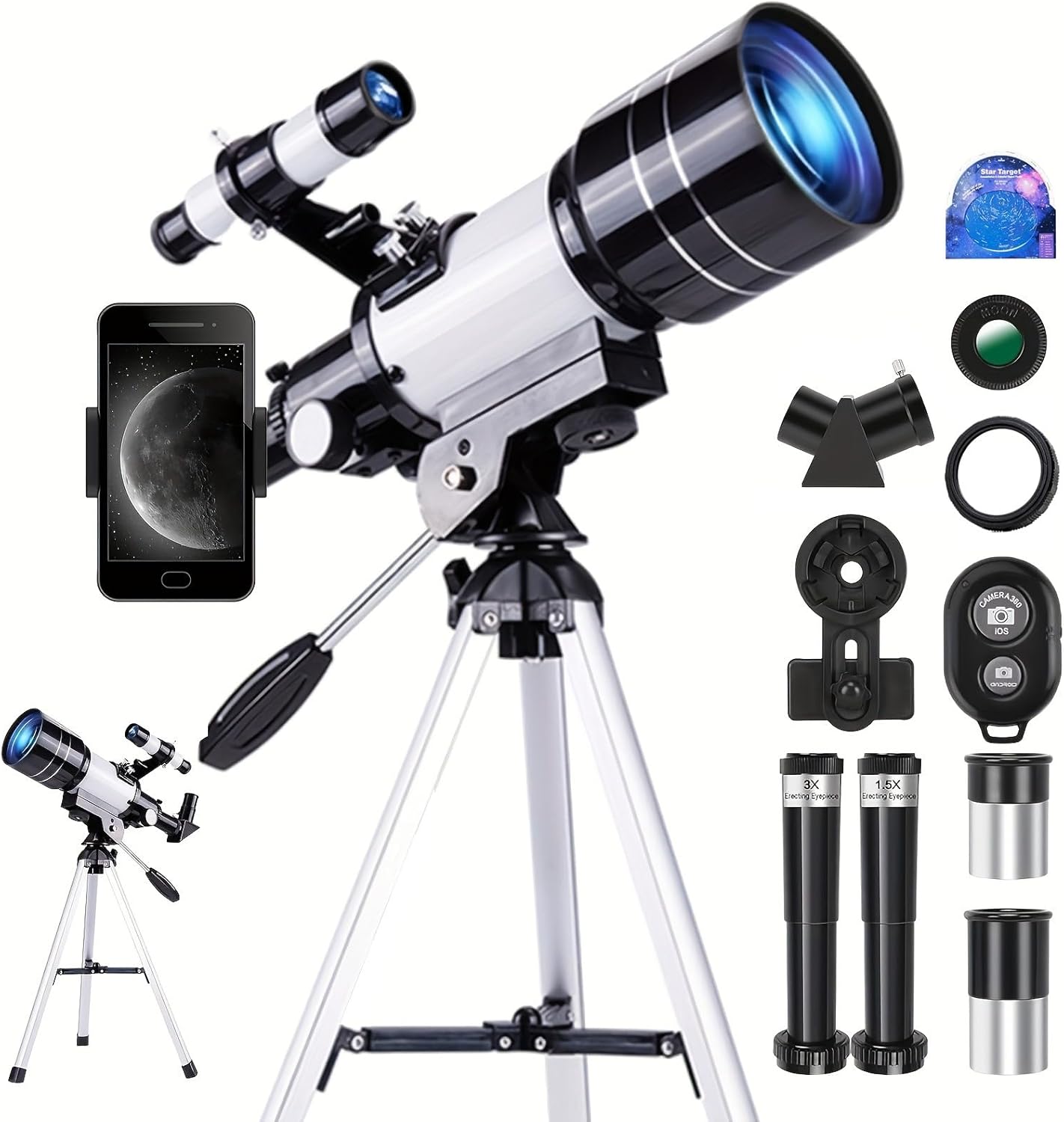150x Telescope, 70mm Aperture Telescope, High Magnification, Portable Astronomical Telescope (White)