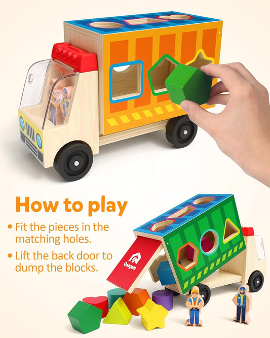 Coogam Shape Sorting Montessori Toys for Toddles, Wooden Color Shape Sorter Truck Toy with 2 Play Figures - Fine Motor Educational Learning Gift Toy for Kids 2 3 4 Year Old