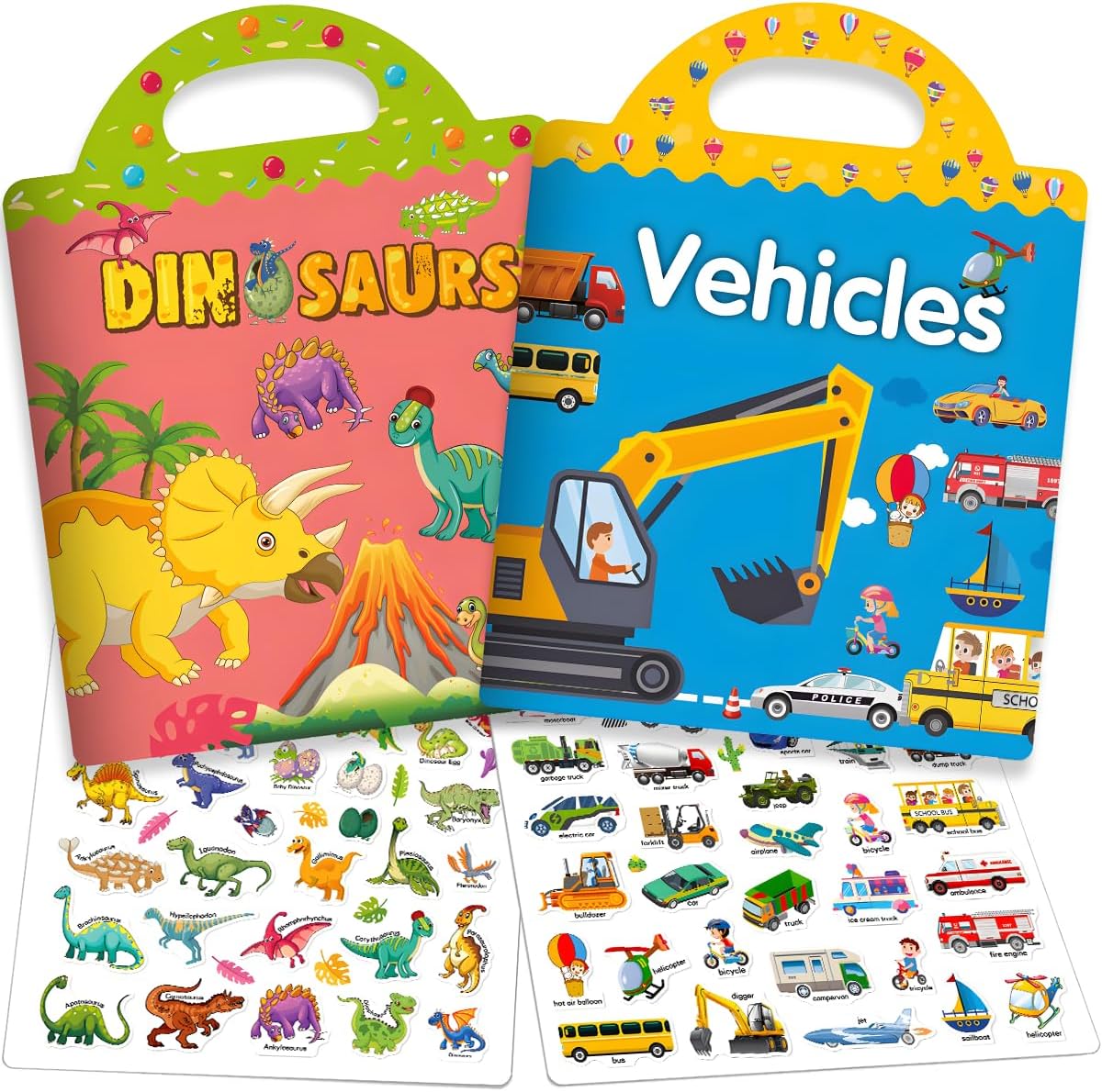 FUNCLASS 4 Pack Reusable Sticker Books for Toddlers 3,Toddler Sticker Books for Travel,Quiet Sticker Books for Kids,Kids Jelly Sticker Books with Animal,Dinosaur,Vehicles,Farm,Toddler Birthday Gifts