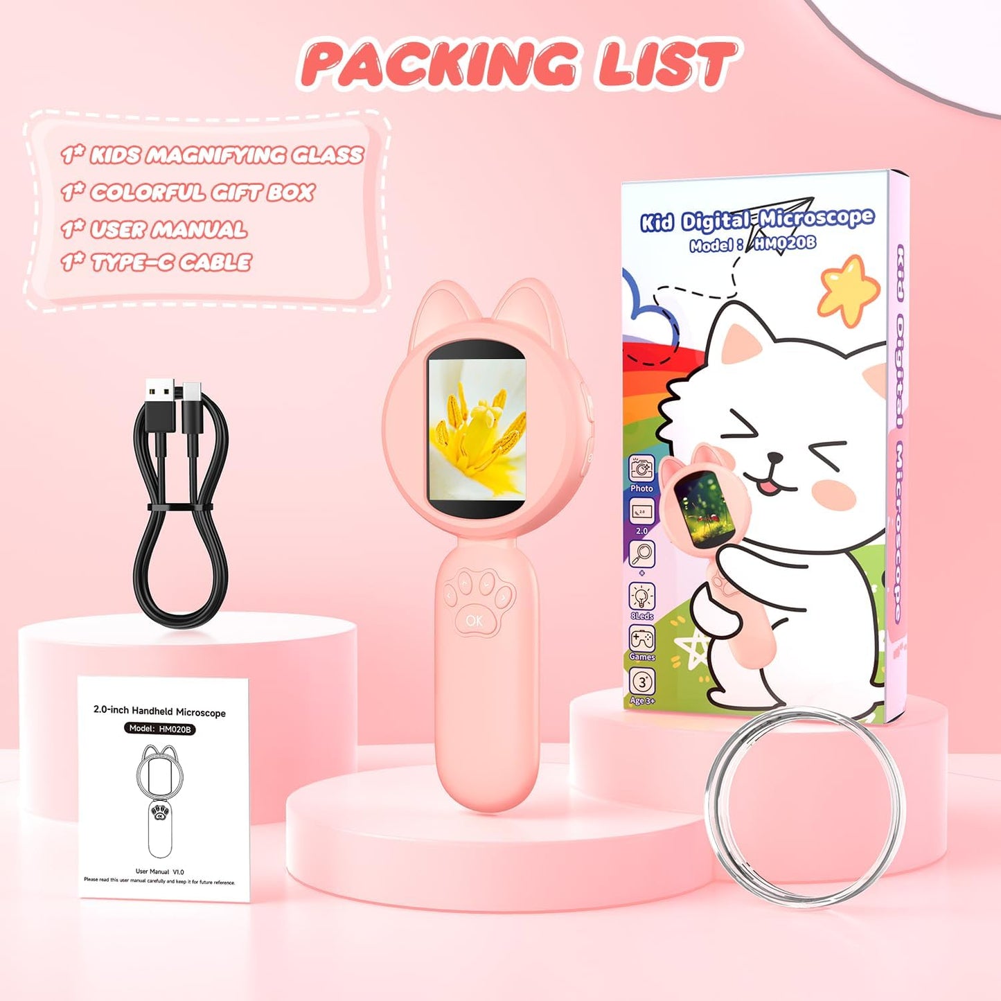 Leipan Magnifying Glass for Kids, 100X Handheld Microscope with 2" LCD Scrren, Kids Magnifer with 8 LED Lights, Christmas Birthday Gifts for Children