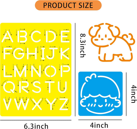 18 PCS Letter Tracing Stencils for Kids Numbers Alphabet Colorful Stencil Mix Car Animal Stencils Writing Practice Kit