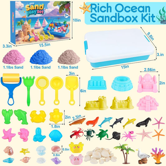 Mikiwon Ocean Sensory Bin, Sandbox Play Sand Art Kit with 3.3lbs Play Sand, Sea Animal Toys Molds, Sensory Play for Girls Boys Age 3 4 5 6 7 8, Beach Toys for Kids Xmas Birthday Gifts