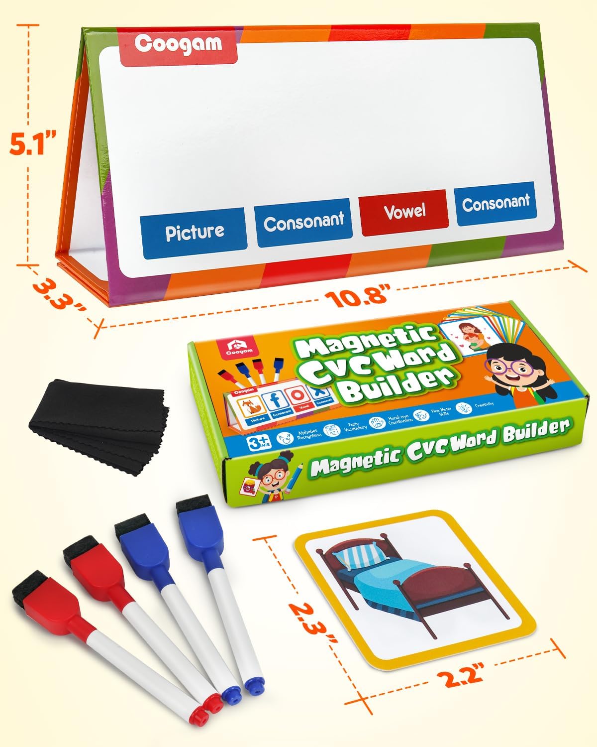 Coogam CVC Word Builder, Magnetic Sight Word Games with Flashcards, Matching Letter Reading and Spelling Game, Montessori Alphabet Educational Toy Gift for Preschool 3 4 5 Year Old Kids Toddlers